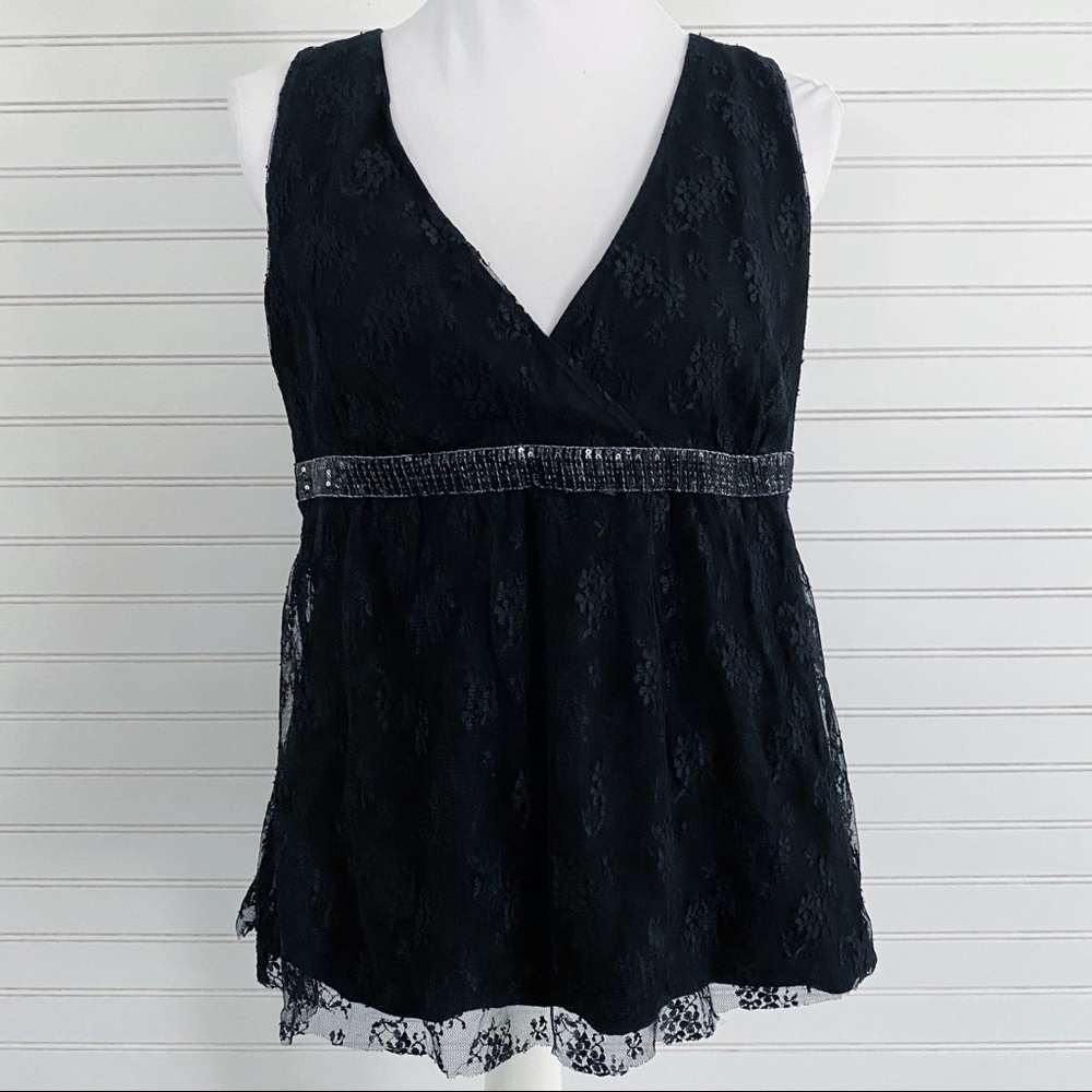 New York & Company Lace Sequin Empire Waist Top Size‎ L Black Surplice V-Neck